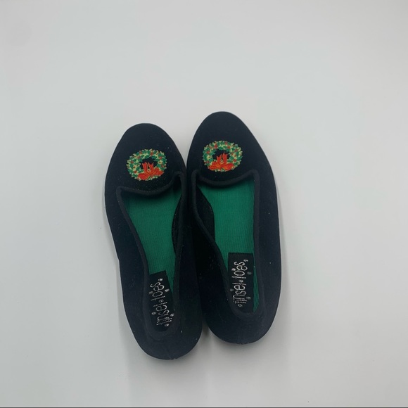 ❤️ Tinsel Toes Black Velvet Christmas Holiday Wreath Festive Slip On Size 6 - Picture 4 of 10